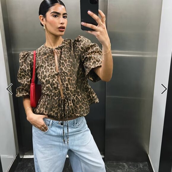ASOS DESIGN cotton poplin peplum tie shirt top in leopard print - Picture 1 of 4